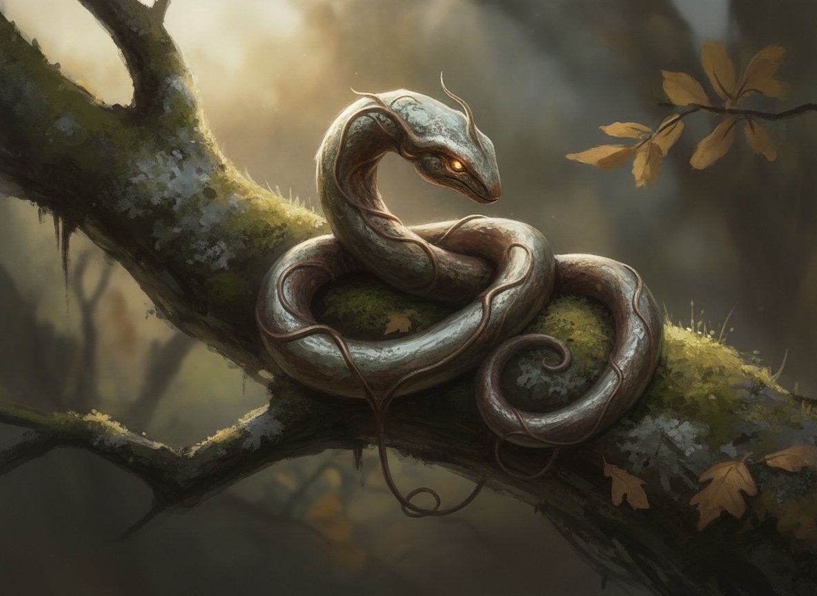 Concept art: a sensor instrument shaped like a vine-wrapped serpent, coiled on a mossy branch
